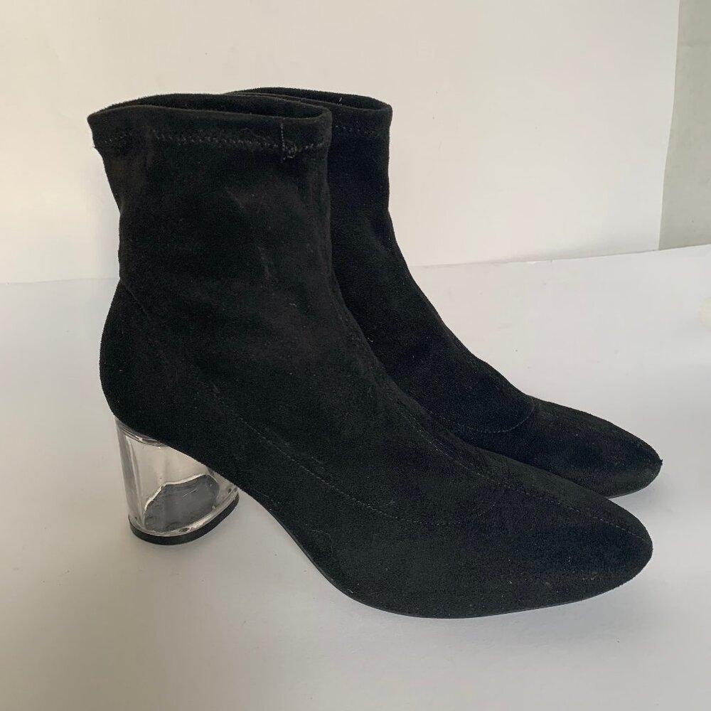 Zara Black Faux Suede Stretch Sock Boot with clear acrylic block heel - Size 40